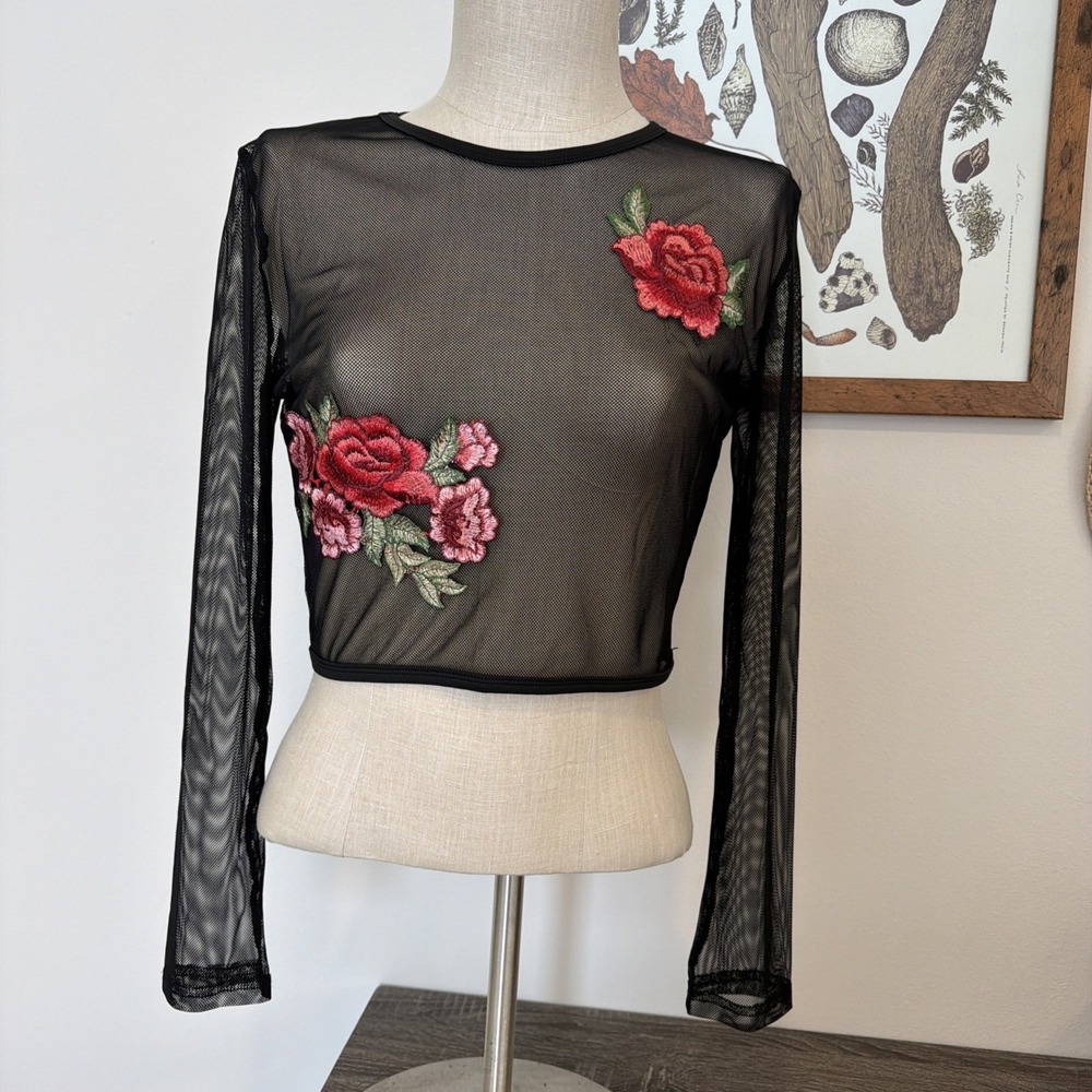 Sheer Long Sleeve Scoop Neck Black Blouse Shirt Embroidered Rose Large Fairycore